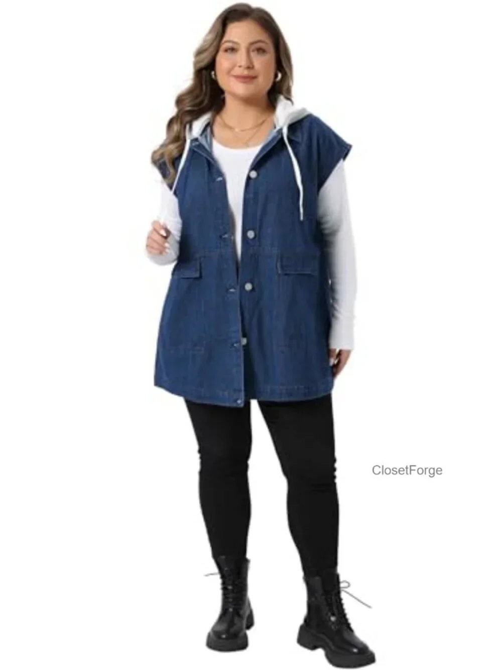 Sleeveless Denim Vest with Detachable Drawstring Hood Plus Size
